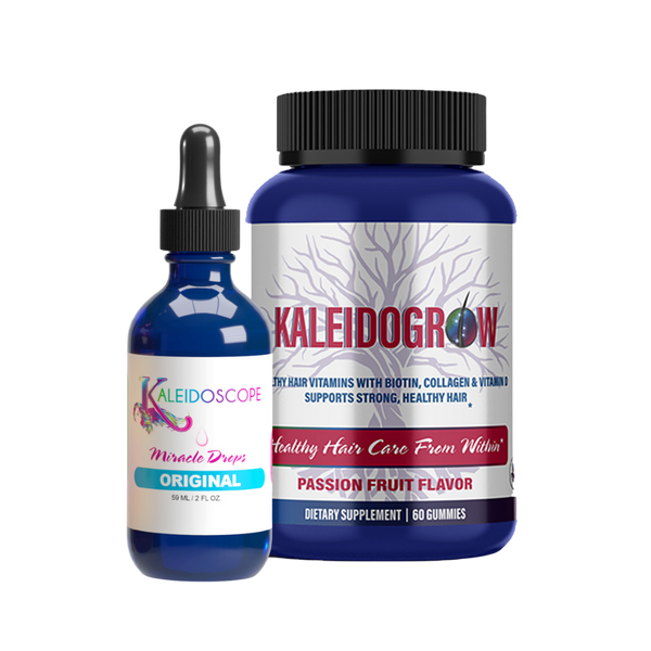 Kaleidoscope Miracle Drops in blue bottle with black top, Kaleidogrow Healty Hair Vitamins in Blue bottle with Black top and pink writing