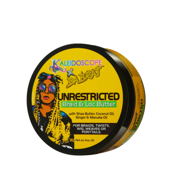 Da Brat Unrestricted Braid & Loc Butter, black & yellow Jar with Kaleidoscope x Da Brat Logo & Illustration of Da Brat on Front