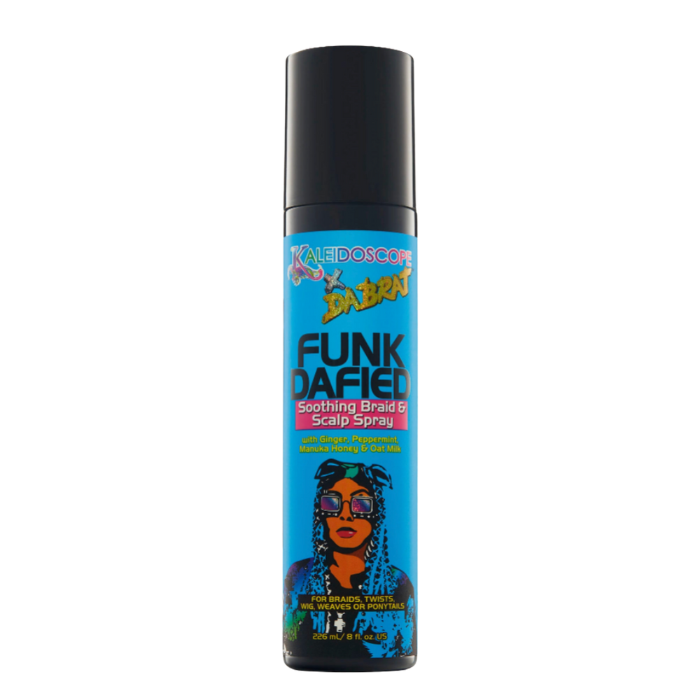 Da Brat Funkdafied Soothing Braid & Scalp Spray, Blue wrap label with black top, Kaleidoscope x Da Brat Logo & Illustration of Da Brat on front