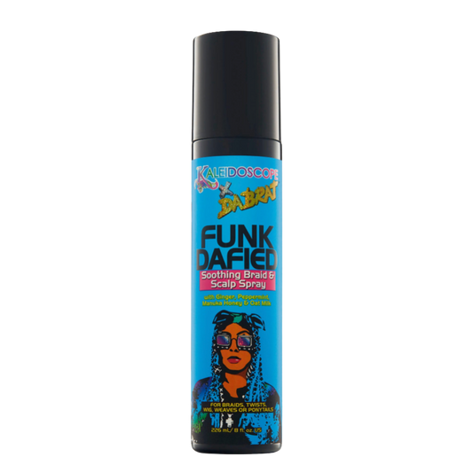 Da Brat Funkdafied Soothing Braid & Scalp Spray, Blue wrap label with black top, Kaleidoscope x Da Brat Logo & Illustration of Da Brat on front