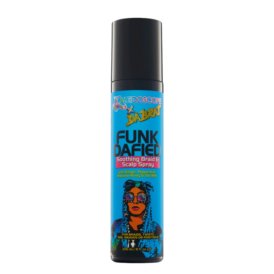 Da Brat Funkdafied Soothing Braid & Scalp Spray, Blue wrap label with black top, Kaleidoscope x Da Brat Logo & Illustration of Da Brat on front