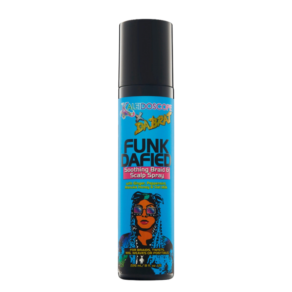 Da Brat Funkdafied Soothing Braid & Scalp Spray, Blue wrap label with black top, Kaleidoscope x Da Brat Logo & Illustration of Da Brat on front