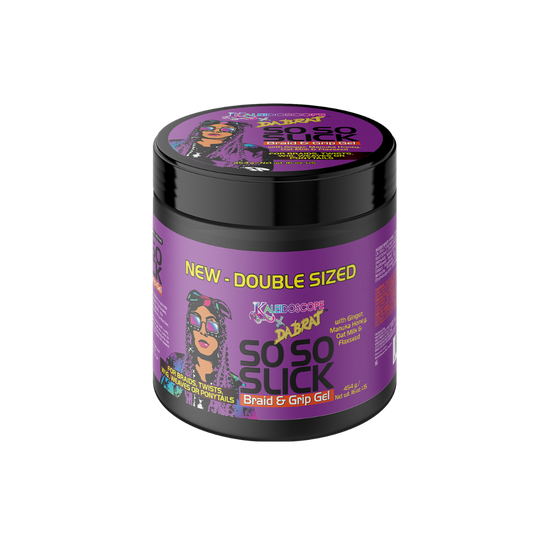 16 oz size of Da Brat So So Slick Braid & Grip Gel, Purple & Black Jar, Kaleidoscope x Da Brat Logo & Illustration of Da Brat on front