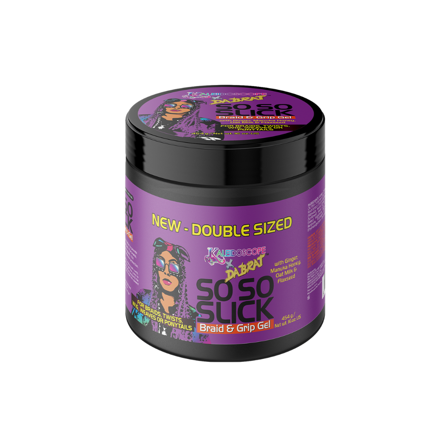 16 oz size of Da Brat So So Slick Braid & Grip Gel, Purple & Black Jar, Kaleidoscope x Da Brat Logo & Illustration of Da Brat on front