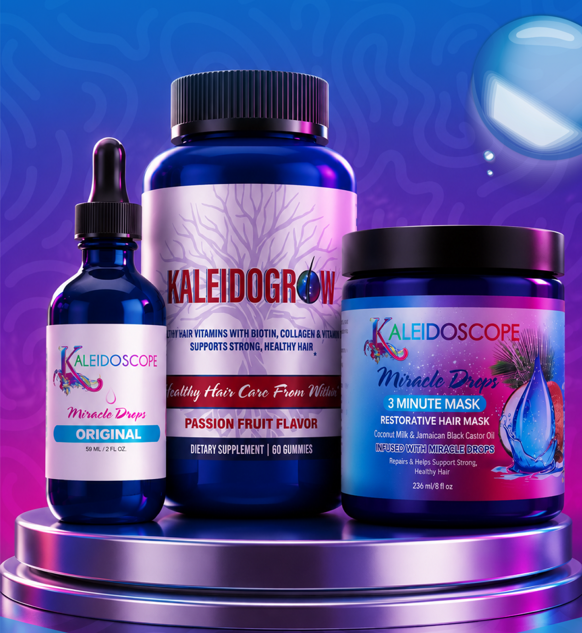 Kaleidoscope Rooted in Growth Trio: Miracle Drops, KaleidoGrow Vitamins and 3-Minute Mask