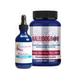 Kaleidoscope Miracle Drops in blue bottle with black top, Kaleidogrow Healty Hair Vitamins in Blue bottle with Black top and pink writing