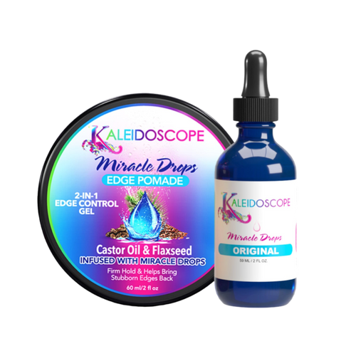 Miracle Drops Oil in Blue Bottle, Black top; Miracle Drops Edge Pomade in multicolor twist off jar with Kaleidoscope Logo on front