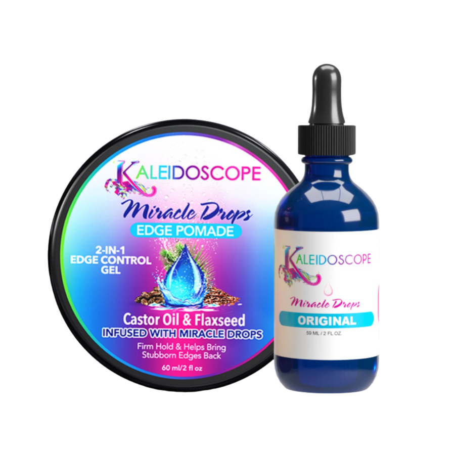Miracle Drops Oil in Blue Bottle, Black top; Miracle Drops Edge Pomade in multicolor twist off jar with Kaleidoscope Logo on front