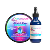 Miracle Drops Oil in Blue Bottle, Black top; Miracle Drops Edge Pomade in multicolor twist off jar with Kaleidoscope Logo on front