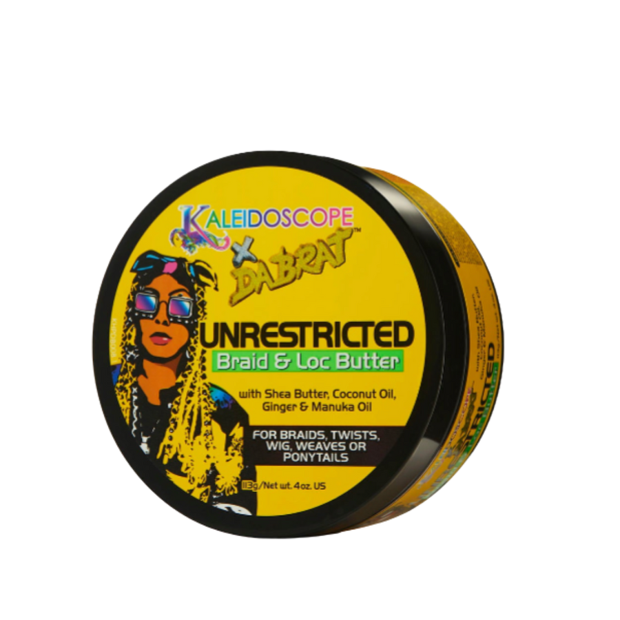 Da Brat Unrestricted Braid & Loc Butter, black & yellow Jar with Kaleidoscope x Da Brat Logo & Illustration of Da Brat on Front