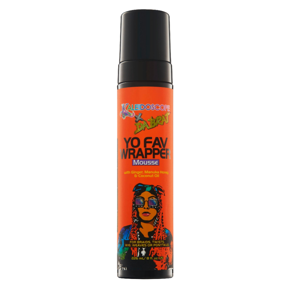 Da Brat Yo Fav Wrapper Mousse with Illustration of Da Brat and Kaleidoscope x Da Brat Logo on Front, Orange Bottle