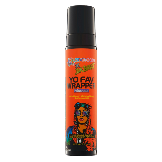 Da Brat Yo Fav Wrapper Mousse with Illustration of Da Brat and Kaleidoscope x Da Brat Logo on Front, Orange Bottle