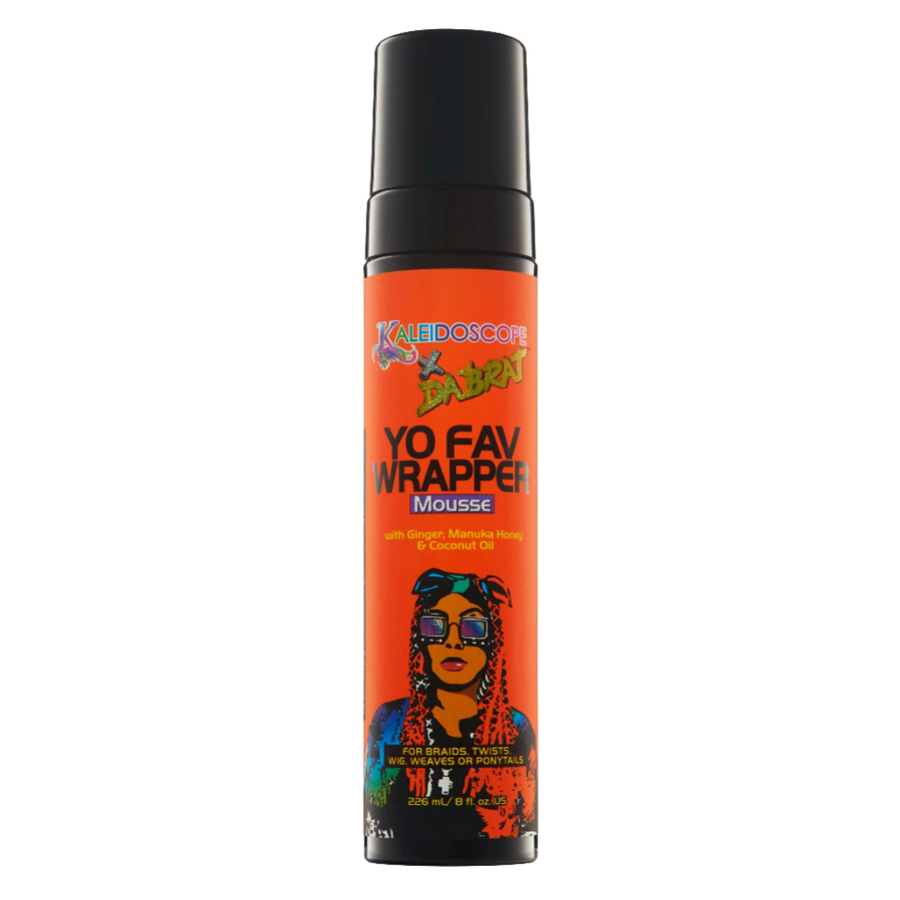 Da Brat Yo Fav Wrapper Mousse with Illustration of Da Brat and Kaleidoscope x Da Brat Logo on Front, Orange Bottle